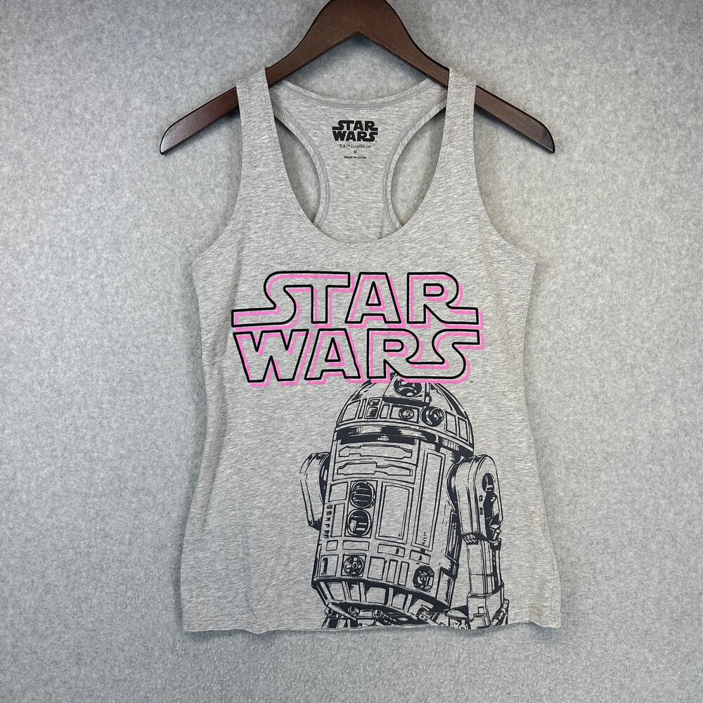 Star Wars Top Womens Medium Gray Pink R2-D2 Graphic Tank Racerback Sleeveless